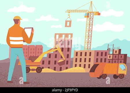 Home construction truck crane flat composition with houses on construction site with crane truck and excavator vector illustration Stock Vector