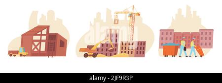 Home construction set of three isolated compositions with flat images of houses with builders and cityscape vector illustration Stock Vector