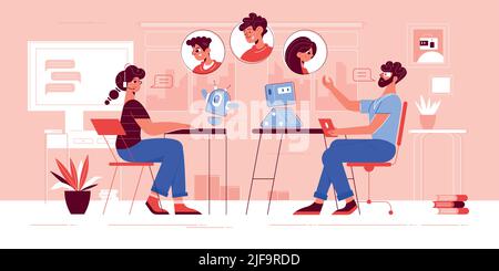 Modern family using artificial intelligence chatbot support service answering questions resolving problems flat horizontal composition vector illustra Stock Vector