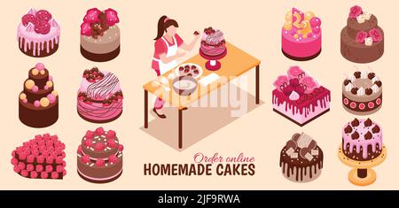 Isometric homemade cake set with isolated images of confectionery products with various toppings and editable text vector illustration Stock Vector