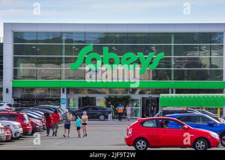 SOBEYS Storefront. Sobeys Inc. is the second largest supermarket chain in Canada offers groceries, houseware, frozen food. HALIFAX, CANADA - JUNE 2022 Stock Photo