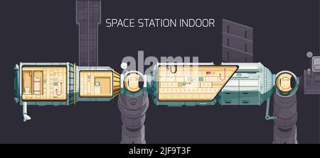 Orbital international space station indoor composition and you can look at the station premises from the inside vector illustration Stock Vector