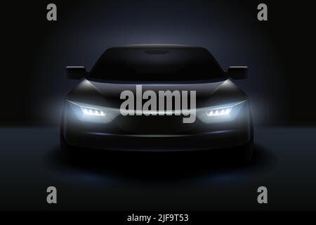 Car headlights realistic composition stylish black car with headlights shining in the dark vector illustration Stock Vector
