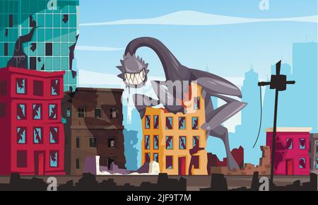 Cartoon monster with big teeth destroying city buildings vector illustration Stock Vector