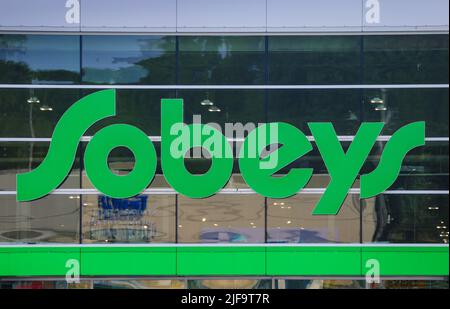 SOBEYS Storefront. Sobeys Inc. is the second largest supermarket chain in Canada offers groceries, houseware, frozen food. HALIFAX, CANADA - JUNE 2022 Stock Photo