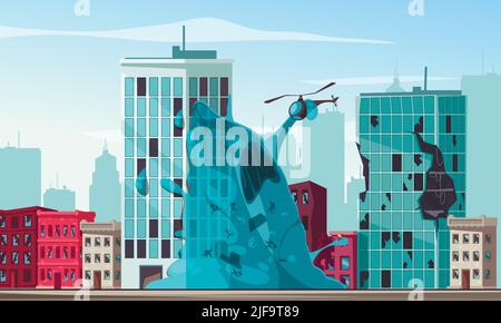 Blue slime alien attacking city and holding helicopter cartoon vector illustration Stock Vector