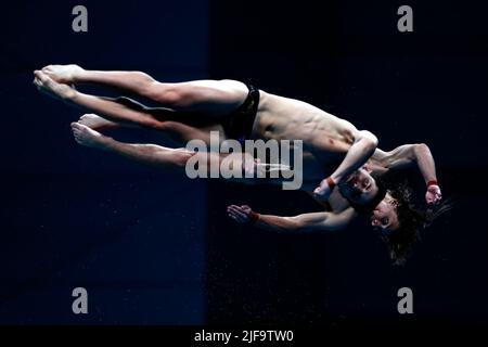 Budapest, Hungary, 28th June 2022. Domonic Bedggood and Cassiel Rousseau of Australia compete in the Men's 10m Synchronised on day three of the Budapest 2022 FINA World Championships at Alfred Hajos National Aquatics Complex in Budapest, Hungary. June 28, 2022. Credit: Nikola Krstic/Alamy Stock Photo