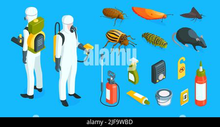 Isometric pest control color set with icons of chemicals detergents people in protective suits and insects vector illustration Stock Vector