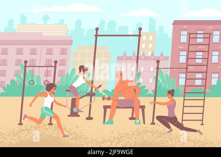 City sports ground composition with flat outdoor cityscape and gym equipment with people performing workout exercises vector illustration Stock Vector