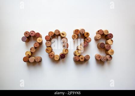 Wine corks 2023 composition isolated on white background from a high angle view Stock Photo