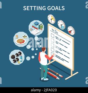 Personal growth self development isometric composition with man and list of goals represented by round icons vector illustration Stock Vector