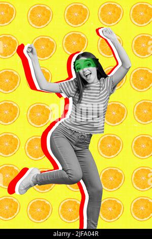 Collage photo of blank white girl go crazy drink alcohol cocktail with orange juice feel energetic isolated on orange slices background Stock Photo