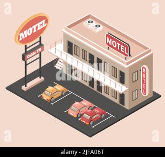 Motel color concept with parking billboard and cars isometric vector illustration Stock Vector