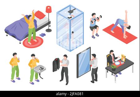 Morning routine men isometric set with hygiene and sports symbols ...
