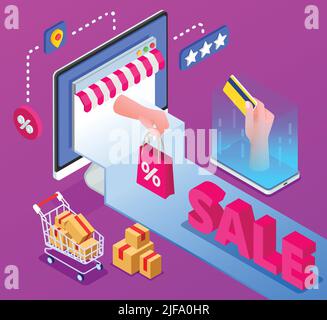 Online sale isometric colorful background with human hand holding plastic credit card bag with percent icon and cart with purchase boxes vector illust Stock Vector