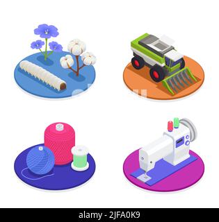 Textile and spinning industry 2x2 design concept with harvesting machinery cotton and flax flowers cotton and wool threads sewing machine isometric co Stock Vector