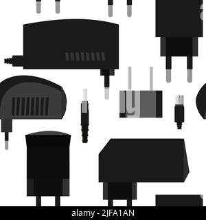 Charger. Power supply for electrical appliances. Electrical plug with rectifier. Isolated on white background. Seamless pattern. Vector. Stock Vector