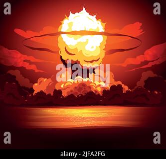 Powerful bomb explosion bang producing enormous mushroom shaped fiery cloud with heat glow colors surroundings vector illustration Stock Vector