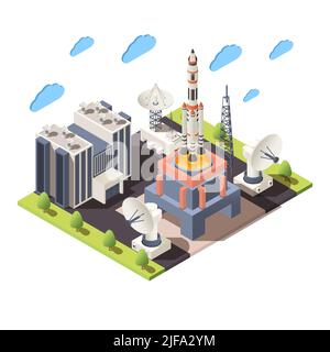 Space research 3d composition with command center launching rocket radars isometric vector illustration Stock Vector