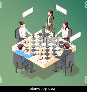 Business strategy isometric concept with businessmen and women playing chess on green background 3d vector illustration Stock Vector