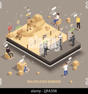 Mobile gaming extra weapon equipment multiplayer apps players controlling special operations fire team shooting isometric vector illustration Stock Vector