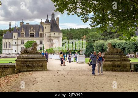CHENONCEAU, FRANCE - SEPTEMBER 7, 2019: This is a park area with unidentified visitors at the entrance to the Chenonceau Castle, located in the Loire Stock Photo