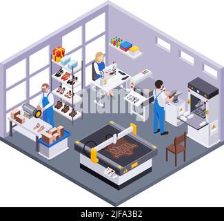 Footwear shoes production isometric composition with flowchart of ...