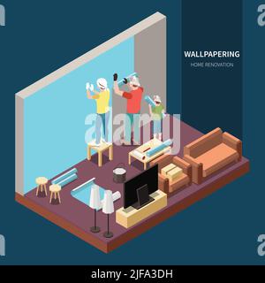 Isometric family doing home renovation wallpapering living room vector illustration Stock Vector