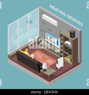 Man watching tv in living room with heating devices air conditioner and radiator isometric vector illustration Stock Vector
