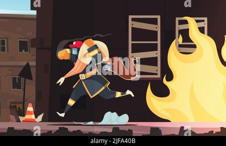 Cartoon fireman carrying woman in arms saving her from fire vector illustration Stock Vector