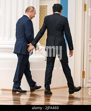 Russian President Vladimir Putin (left) and Indonesian President Joko Widodo (right) during a press conference following a meeting in the Kremlin. 30.06.2022 Russia, Moscow Photo credit: Dmitry Azarov/Kommersant/Sipa USA