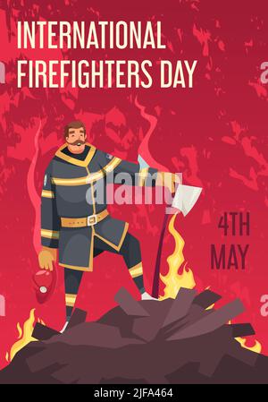 Cartoon international firefighters day card with smiling fireman in uniform holding helmet and axe vector illustration Stock Vector
