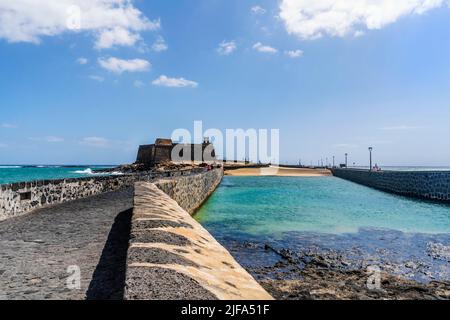 Historic San Gabriel Castle with bridges leading to it, Arrecife, Lanzarote, Canary Islands, Spain Stock Photo
