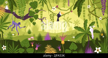 Jungle landscape flat composition with horizontal view of tropical ...