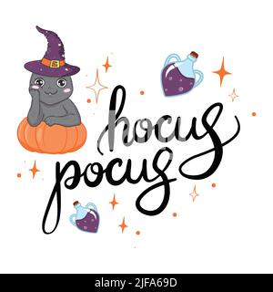 Happy Halloween greeting card with cute black cat and spooky pumpkin wear witch hat. Animal holidays cartoon character. Vector. Stock Vector