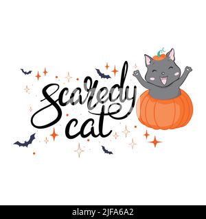 Happy Halloween greeting card with cute black cat and spooky pumpkin wear witch hat. Animal holidays cartoon character. Vector. Stock Vector