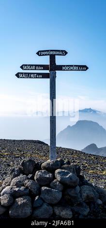Sign with inscription Skogar and Porsmoerk at the hiking trail Fimmvoerouhals, Porsmoerk Nature Reserve, Suourland, Iceland Stock Photo