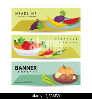 Set of three horizontal berries and fruits banners with colorful images of natural fruit slices with text vector illustration Stock Vector