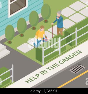 Elderly people professional social help service isometric composition with outdoor scenery and man helping old woman vector illustration Stock Vector