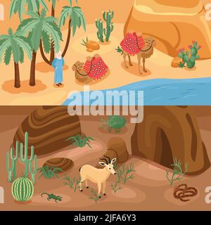 Desert horizontal banners set with camel and oasis isolated isometric vector illustration Stock Vector