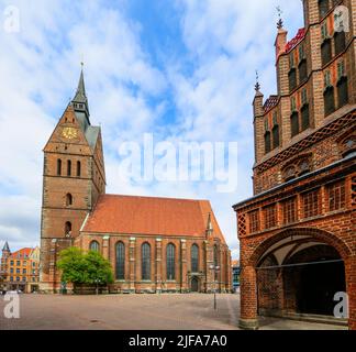 Evangelical Lutheran Market Church St. Georgii et Jacobi and Old Town Hall in the style of North German Brick Gothic, state capital Hannover, Lower Stock Photo