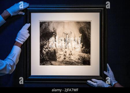 London, UK. 1st July, 2022. Rembrandt's drypoint Three Crosses (est £800,000-1,200,000) - Classic week highlights - Celebrating art from antiquity to the 21st century, Classic Week at Christie's London runs from 24 June to 19 July across six live auctions and four online sales. Credit: Guy Bell/Alamy Live News Stock Photo