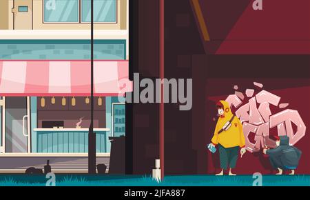 Graffiti street artists sneakily spraying pink paint on dark building wall colorful cartoon composition vector illustration Stock Vector