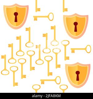 Seamless pattern Digital data protection concept with golden shield lock and key vector illustration on white background Stock Vector
