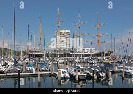 Hotel Maritim, marina, museum sailing ship Passat, Priwall, Travemuende, Luebeck, Schleswig-Holstein, Germany Stock Photo