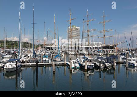 Hotel Maritim, marina, museum sailing ship Passat, Priwall, Travemuende, Luebeck, Schleswig-Holstein, Germany Stock Photo