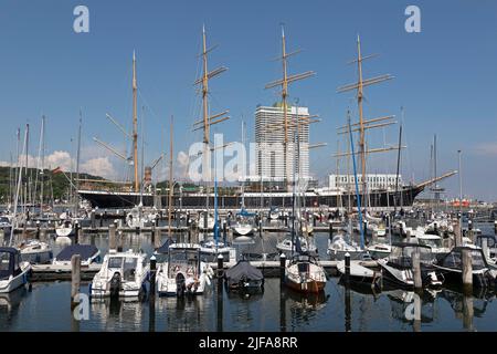 Hotel Maritim, marina, museum sailing ship Passat, Priwall, Travemuende, Luebeck, Schleswig-Holstein, Germany Stock Photo