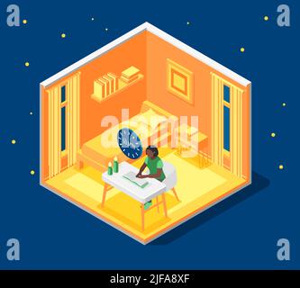 Earth hour isometric composition with woman reading by candle light for 60 minutes 3d vector illustration Stock Vector