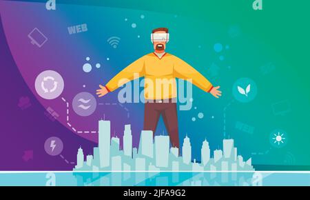 Ecological energy promotion poster with man in vr headset standing in smart city colorful gradient background vector illustration Stock Vector