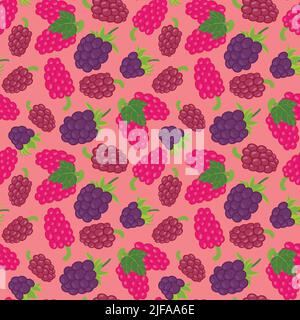 Seamless raspberry pattern with summer berries, fruits, leaves, . Vector illustration Stock Vector
